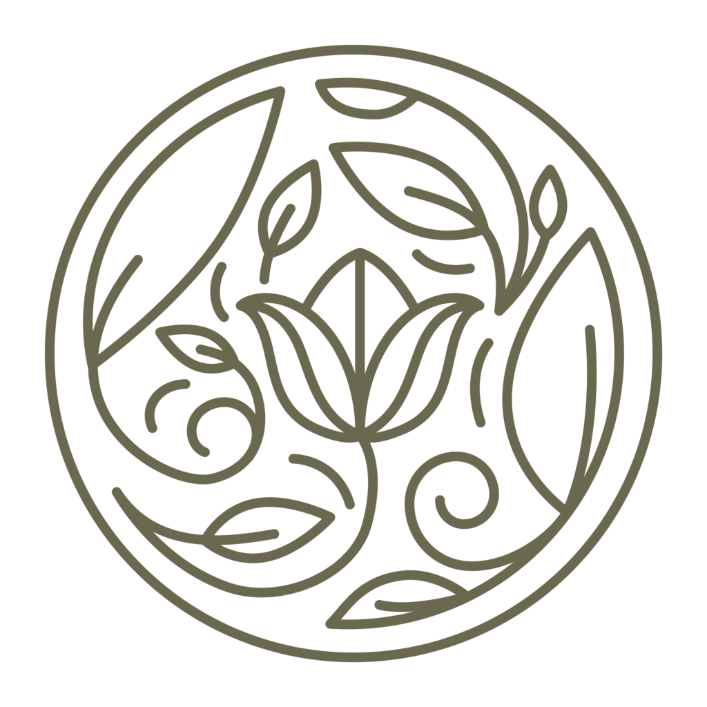 Spirituelles Logodesign für Heilpraktikerin Ulrike Scholz, rund mit Pflanzen und Blumen in grün