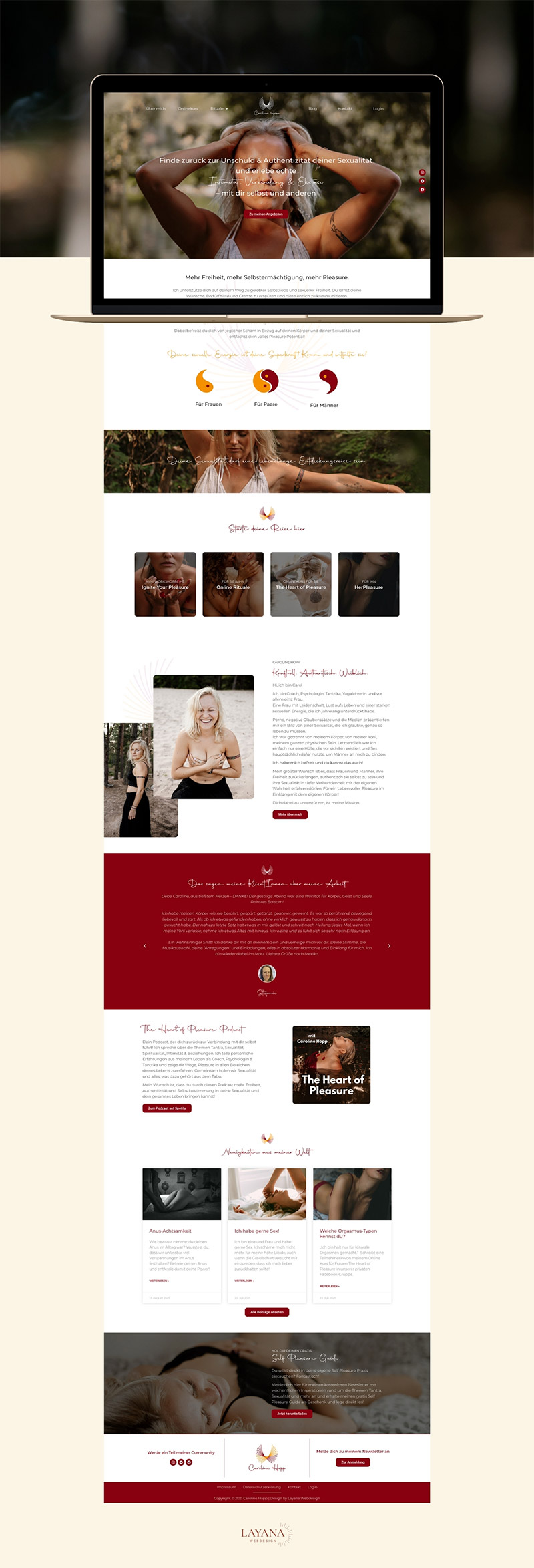 Spirituelles Webdesign für Tantra Coach Caroline Hopp, langer Screenshot auf Desktop