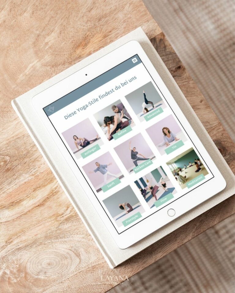 Moderne Website für Yogastudio Yoga to Share Kursübersicht auf Tablet auf Tisch