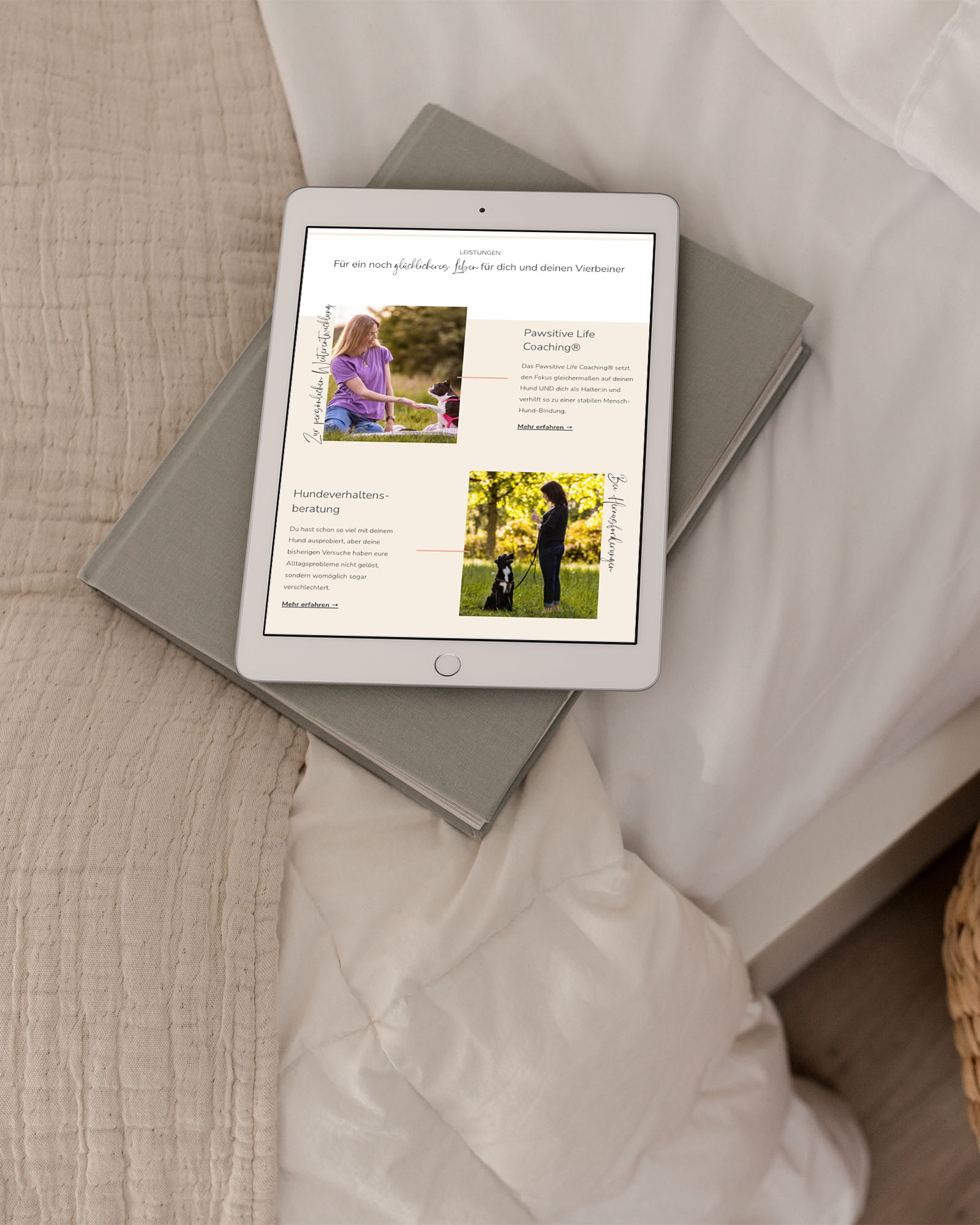 Authentisches Webdesign der Angebotsseite auf Website für Mensch-Hund-Coach Sunny Paws auf einem Tablet