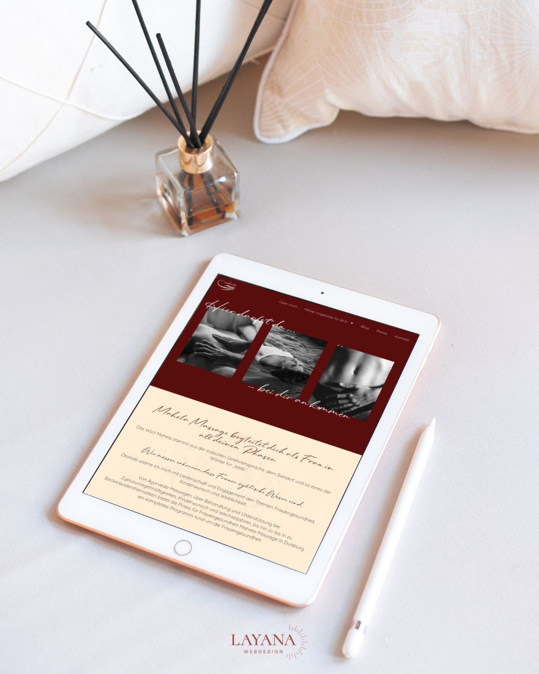Gefühlvolles und modernes Webdesign der Website für Heilpraktikerin Mahela auf einem Tablet
